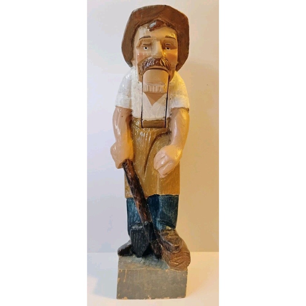 Vintage Hand Carved Wood Nutcracker Folk Art Miner Farmer Shovel Figure 11.5"